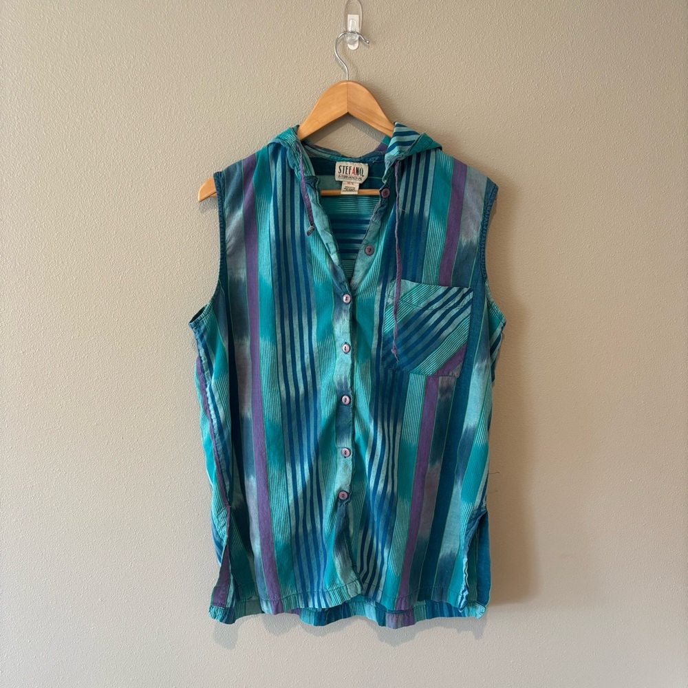 VINTAGE STEFANO INTL Sleeveless & Hooded Blue Striped‎ Button Up Shirt Sz 14/16